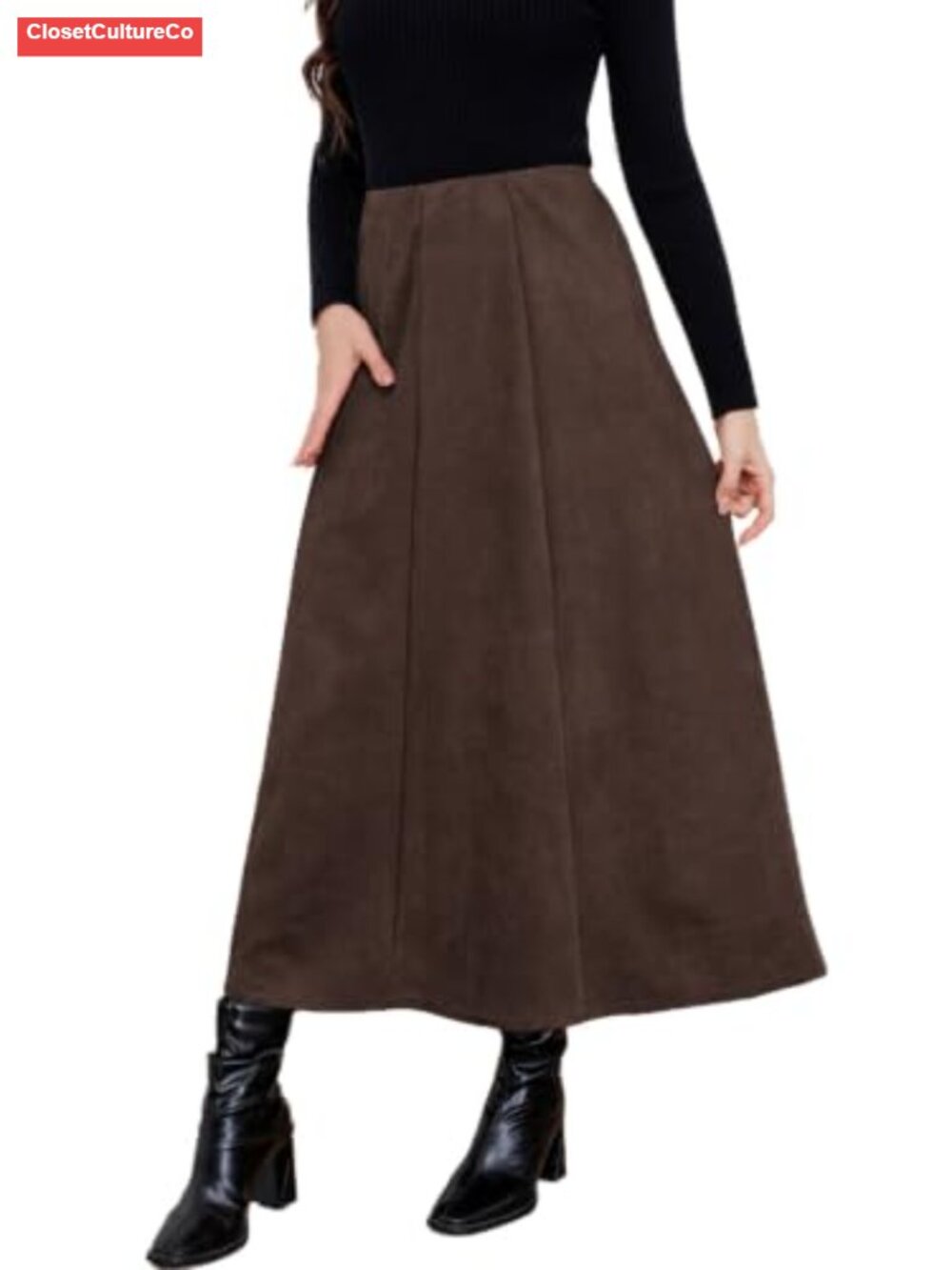 Faux Suede Midi Skirt High Waisted A-Line Flowy Wear to Work